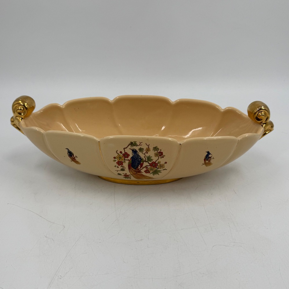 ABINGDON USA‎ FLORAL POTTERY BOWL PEACHY-CREAM GOLD ACCENTS MCM